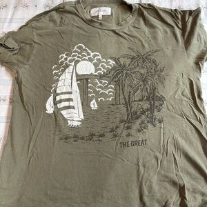 THE GREAT. Olive Green Short Sleeve Tee with Sailboat Graphic